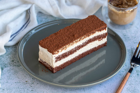 Tiramisu cake. Bakery products. Cocoa and coffee cake on gray background. close up