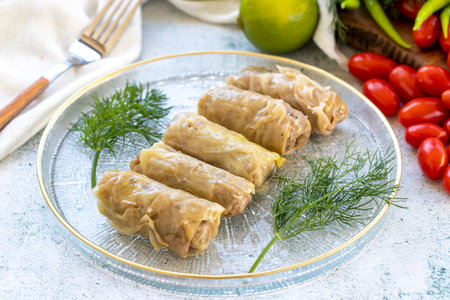 Stuffed cabbage. Traditional Turkish cuisine delicacies. close-up. local name stuffed cabbageの写真素材
