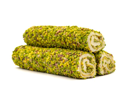 Turkish delight with pistachio isolated on white background. Creamy Turkish Delight. close-up. local name suppository Turkish delightの写真素材