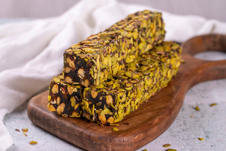 Turkish delight with pistachio on a gray background. Turkish delight with apple flavor. close-up....