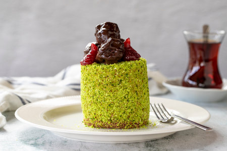 Pistachio and fruitcake. Cake on gray background. close upの写真素材