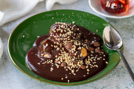 Profiterole. Chocolate profiteroles dessert on plate on gray background. close up