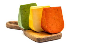 Hard Dutch gouda cheese. Assortment of guoda cheese isolated on a white background. copy spaceの写真素材