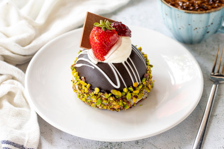 Pistachio and strawberry cake on gray background. Fruit and cream cake covered with chocolate on the...