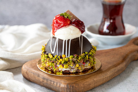 Pistachio and strawberry cake on gray background. Fruit and cream cake covered with chocolate on the...