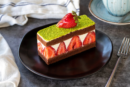 Pistachio and Strawberry Cake. Cake with pistachio and strawberry inside in a plate. On dark backgrounds. close upの写真素材