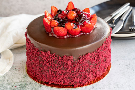 fruitcake. Chocolate and strawberry cake on a stone background. Celebration and birthday cake. close...