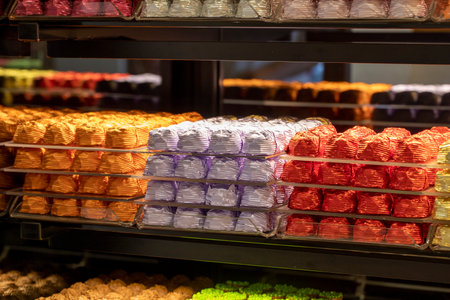 Chocolate counter. A view of the counter inside the chocolate shop. Colorful assortment of...