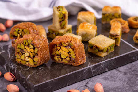 Varieties of pistachio baklava. Varieties of baklava on a dark background. Traditional Turkish...