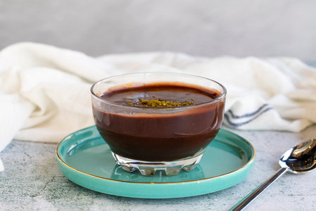 Supangle dessert or sup dessert on stone background. Chocolate pudding with cream filling in the middle. World cuisine delicacies. close upの写真素材