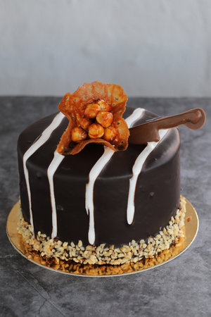 Chocolate and croquant cake. Celebratory cake on a dark background. close up