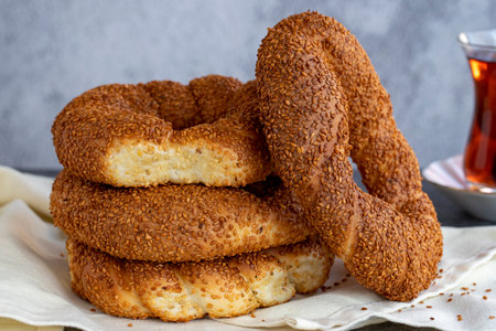 sesame bagel. Turkish pastry product. Sesame bagel on a dark background. close-up. local name sesame...