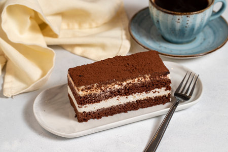 Tiramisu cake. Layered tiramisu cake on a white background. close up
