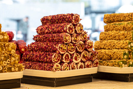 Turkish delight varieties. Turkish delights displayed on the counter. Traditional Turkish cuisine...