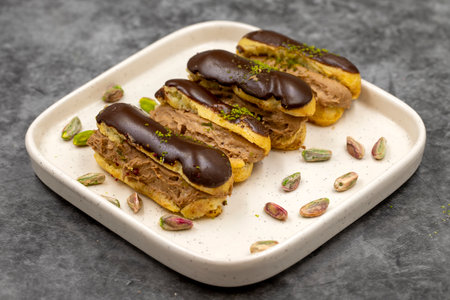 Chocolate eclair cake. Pistachio and chocolate eclair cake on a dark background. close upの写真素材