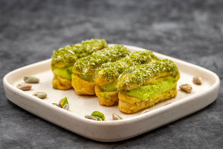 Pistachio eclair cake. Eclair cake with pistachio filling on a dark background. close up