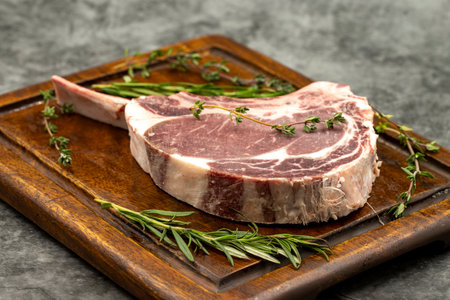 Raw Veal chop on dark background. Raw veal chop on wooden serving board. close upの写真素材