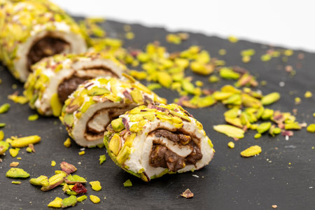 Pistachio Turkish Delight. Chocolate filled Turkish delight. Traditional Turkish cuisine delicacies....