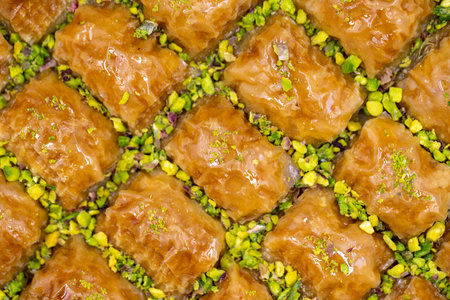 Pistachio baklava. close-up. Traditional Middle Eastern Flavors. Traditional Turkish baklava. local...