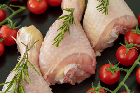 raw chicken drumstick on a white wooden background. Chicken Meat background. Close-up of Chicken Meatの写真素材