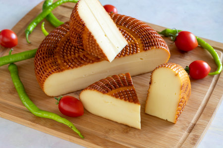 smoked cheddar cheese. rustic cheese. Sliced smoked cheese. gourmet cheese local name Smoked cerkez cheeseの写真素材