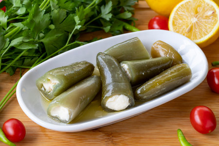 Cheese Stuffed Jalapeno Peppers on Wooden Background.. Local nameの写真素材