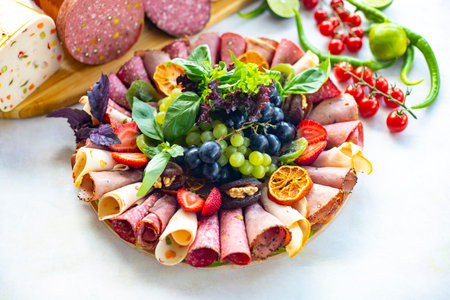 Meat plate on a white wooden background. Set of Salami. Cold cuts of different types of meat. Antipasto set plate. meat snack plat. horizontal viewの写真素材