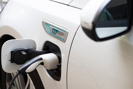 Power supply for electric car charging. Electric car charging station. Close up of the power supply...