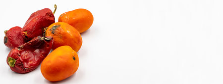 Rotten red peppers and tomatoes on a white background. Food waste concept. copy spaceの写真素材