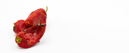 Rotten red pepper on a white background. Food waste concept. copy spaceの写真素材
