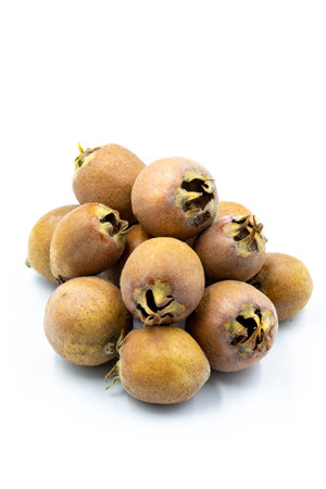 Common Medlar on a white background. Along with mature Common Medlar shade. Story format close-upの写真素材