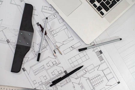 Architectural plans, pencil and ruler. close up. selective focusの写真素材