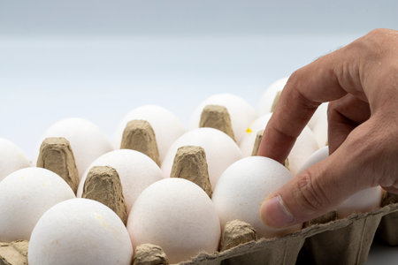 Eggs in a carton on a white background. Close-up hand receiving white eggs. horizontal view
