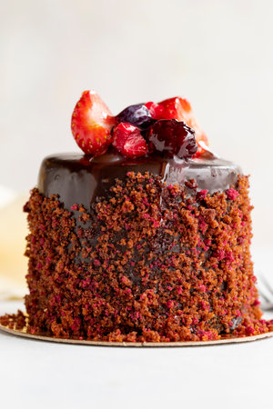 Forest fruit cake on a white background. vertical view. Close-up celebration cake. story format
