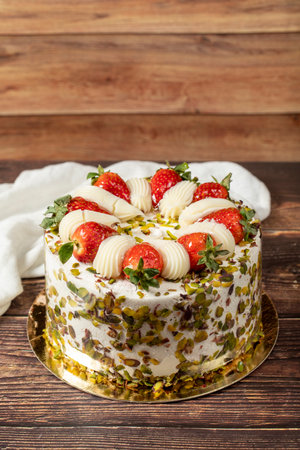 Strawberry cake. Cream and fruit cake on a wooden floor. close upの写真素材