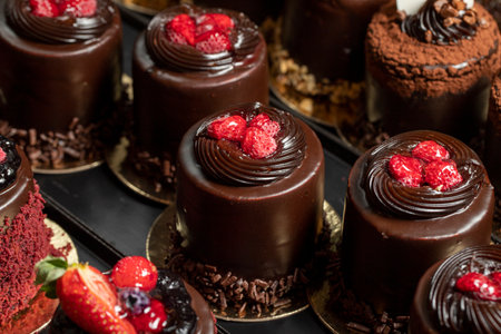 Types of cakes. Delicious cakes in bulk at the patisserie counter. close upの写真素材