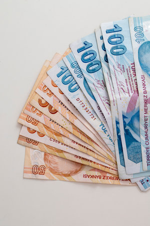 100 Turkish lira and 50 Turkish lira banknotes lie in stacks. Rich life conceptual background