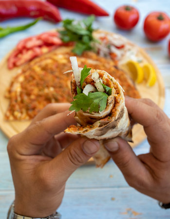 Turkish food: lahmacun, Turkish pizza, lemon, parsleyの写真素材
