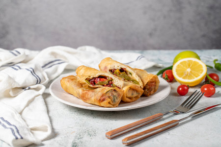 Pacanga pastry on gray background. Ramadan dishes. Snack delicious pastryの写真素材