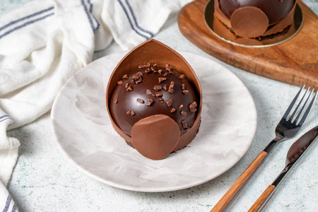 Chocolate cake. Bakery desserts. Delicious round portion cake with cream and dragee fillingの写真素材