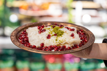Gullac dessert. Ramadan dessert. Waiter holding gullac garnished with pomegranate and pistachio. Symbolic food.の写真素材
