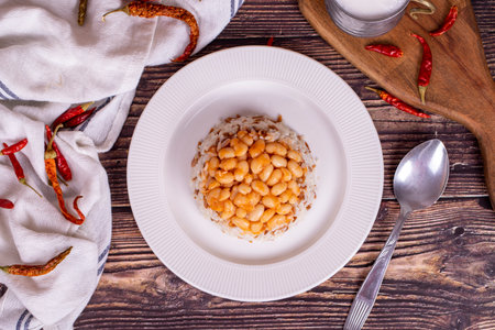 Dry beans pilaf. Prepared with the perfect harmony of dry beans and rice, this dish is both nutritious and satisfying. Traditional Turkish cuisine. Local name dry bean rice. Top viewの写真素材