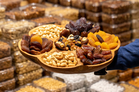 Mixed nut platter. Wood nut plate prepared with hazelnuts, cashews, dates, apricots and grapes.の写真素材
