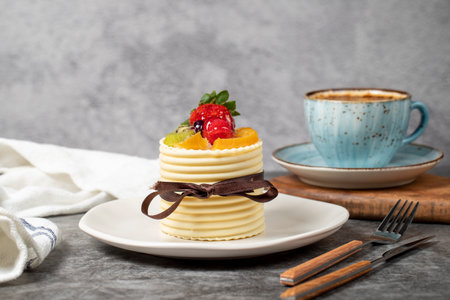 Fruitcake. Strawberry, pear, kiwi and raspberry cake covered with white chocolate on a dark background. Patisserie dessertsの写真素材