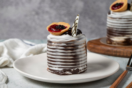 Cream cake surrounded by chocolate. Chocolate cake on gray background. Studio shoot. Bakery...