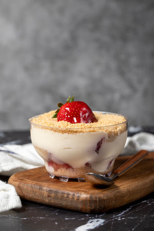 Strawberry magnolia. Magnolia dessert in bowl with cream and strawberry. close upの写真素材