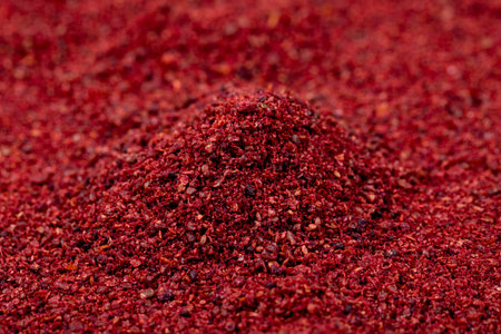 Close-up sumac background. Dried ground red Sumac powder spices. Spices concept. Spice background.