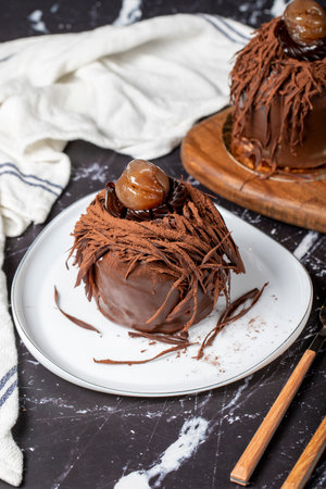 Chestnut cake. Chocolate, cream and chestnut cake on dark backgroundの写真素材