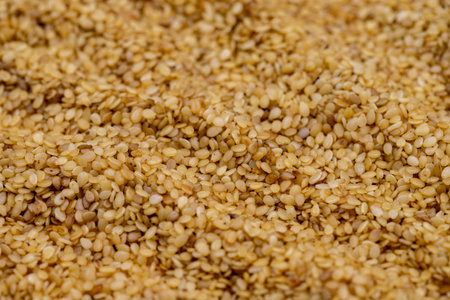 Pile of sesame seeds as background, spice or seasoning as background. Close-up Sesame seedsの写真素材