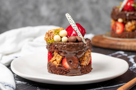 Chocolate, Strawberry and Pistachio Cake. Delicious cake on dark backgroundの写真素材